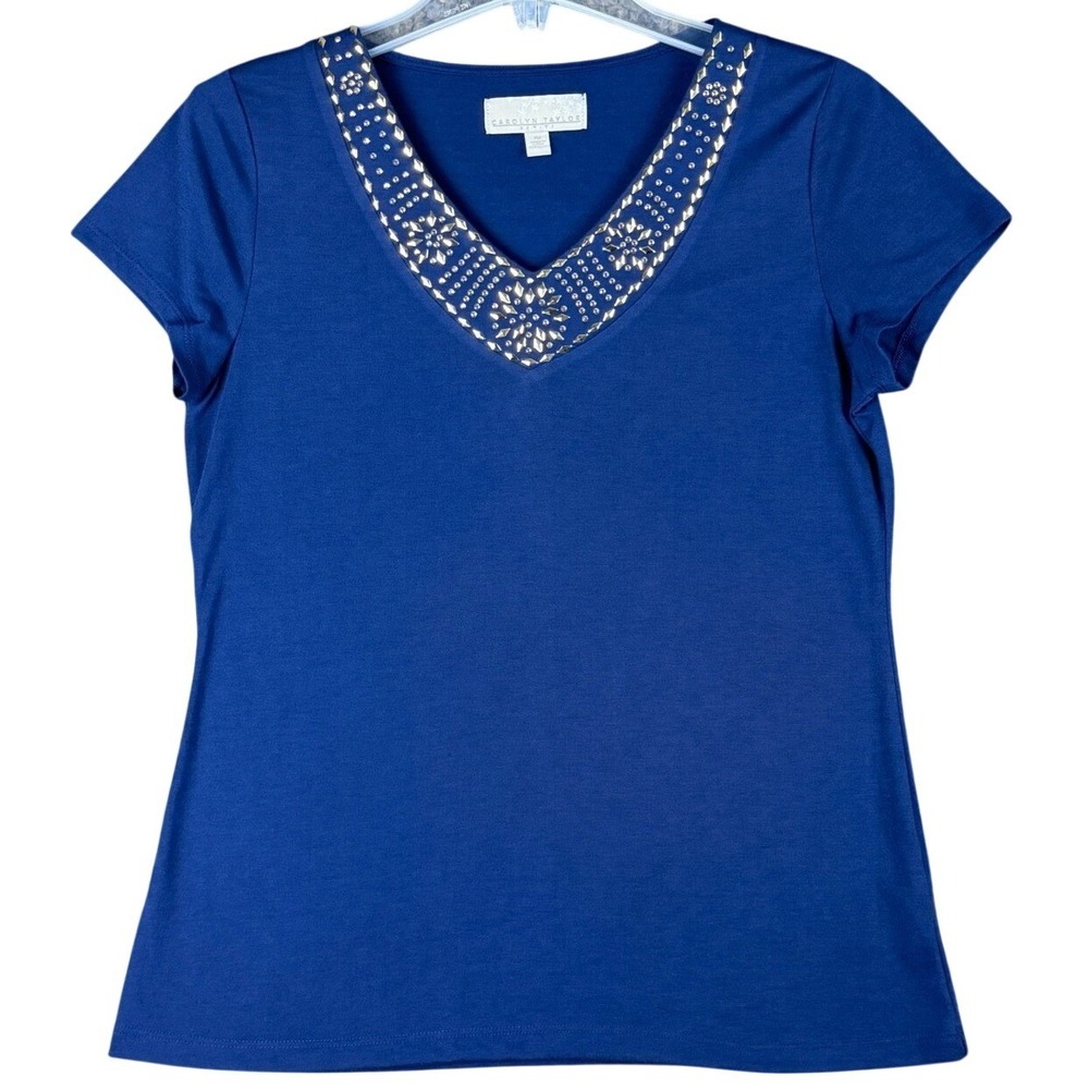 Carolyn Taylor Petite Size PM Blue Short Sleeve Embellished V-Neck Studded Top